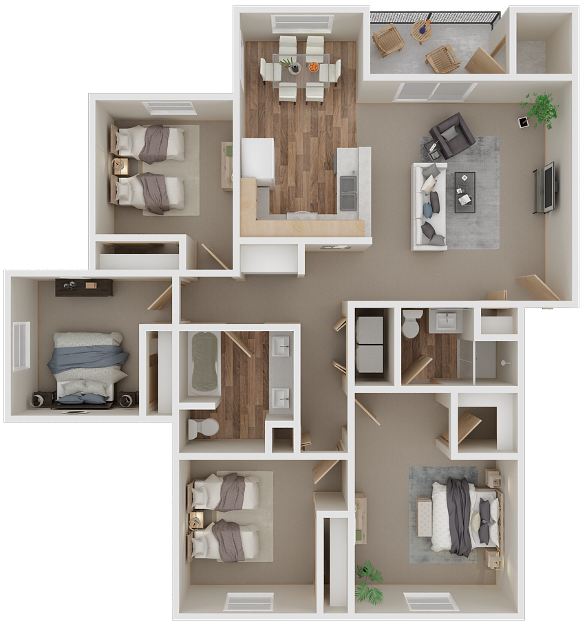 Floor plan for 4 beds, 2 baths, 1356 sqft